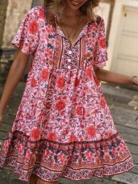 Boho Womens Floral Print Tie Neck Smock Dress